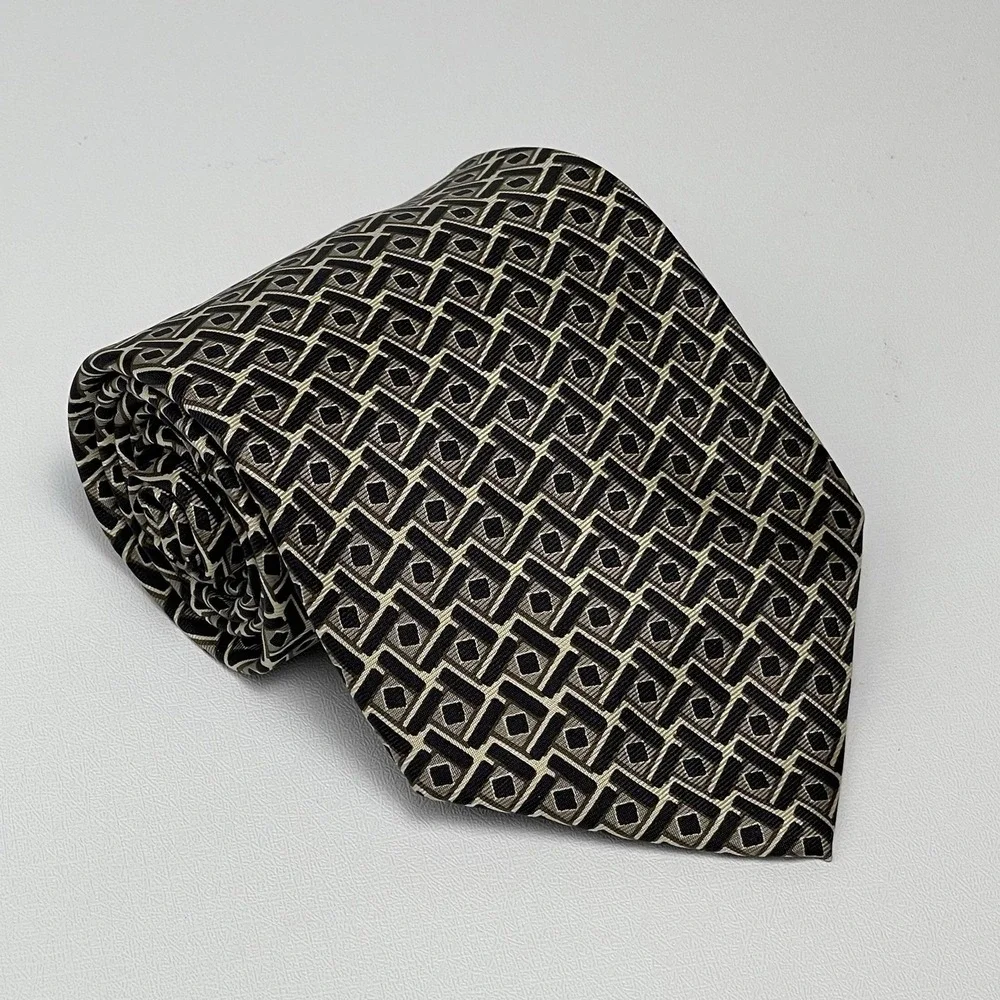 Brooks Brothers Black Brown Necktie Tie Silk Geometric USA Squares Diamonds